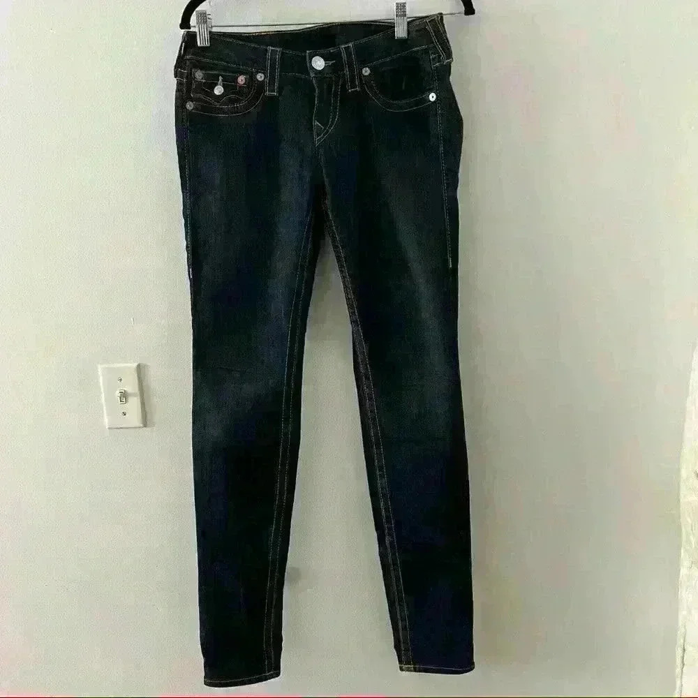 True Religion Skinny  Embellished Button Back Flap Blue Jeans